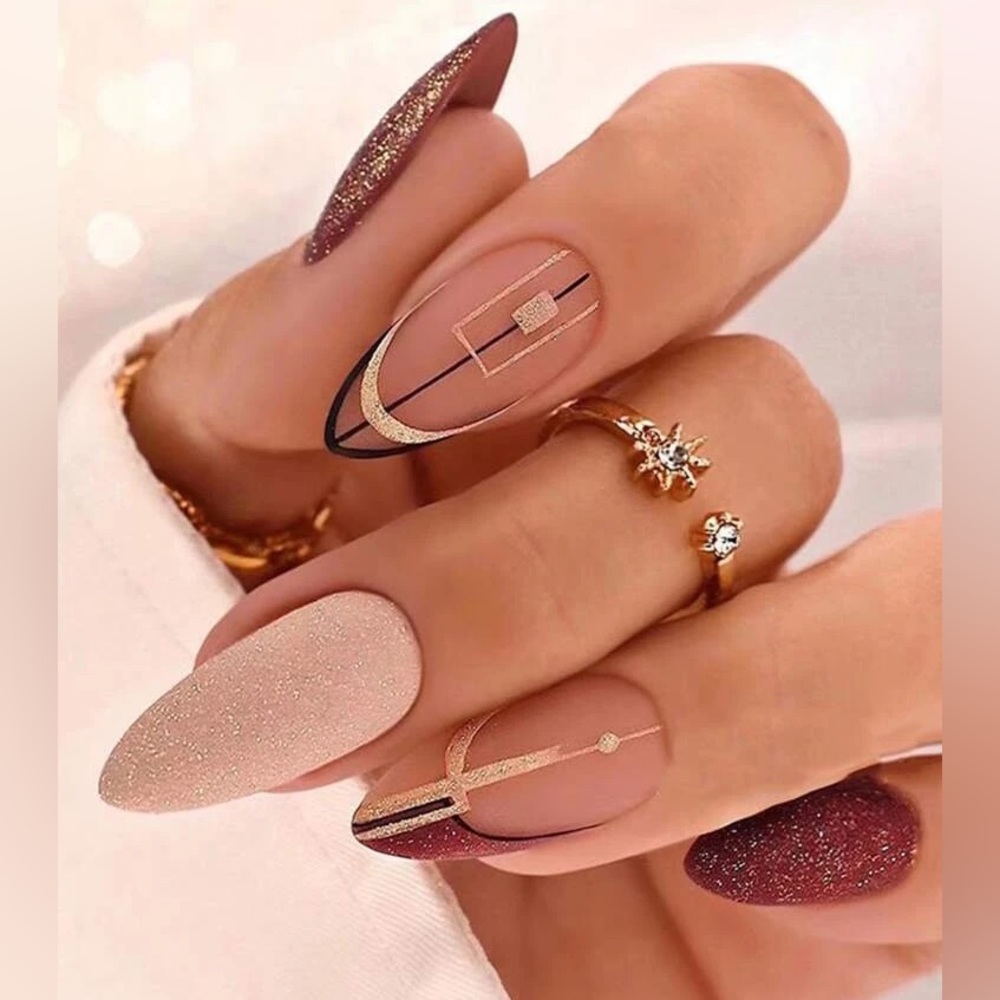24pcs Long Almond Glitter Fake Nai